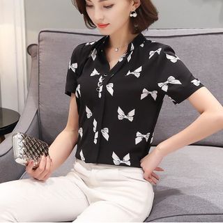 Áo Sơ Mi Cổ Trụ Họa Tiết Nơ Bướm - TP889 - Sale 85.000đ
