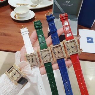 SET ĐỒNG HỒ NỮ DÂY DA CHÍNH HÃNG FUNMEI F2076 VÀNG CHỮ NHẬT FULLBOX TEM