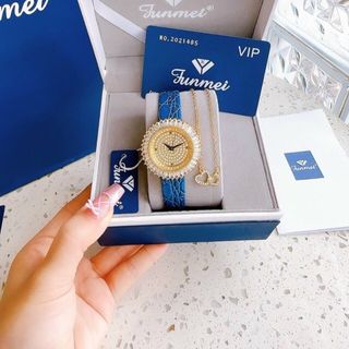 SET ĐỒNG HỒ NỮ CHÍNH HÃNG FUNMEI F2077 DÂY DA ĐÁ VÀNG FULLBOX TEM
