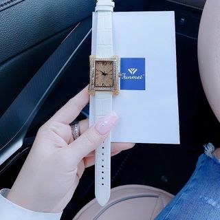 SET ĐỒNG HỒ NỮ DÂY DA CHÍNH HÃNG FUNMEI F2076 VÀNG CHỮ NHẬT FULLBOX TEM