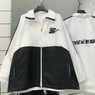 Áo khoác dù Nam nữ in chữ S 2 lớp dày dặn full zip PHỐI TRẮNG ĐEN
