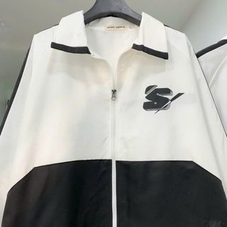 Áo khoác dù Nam nữ in chữ S 2 lớp dày dặn full zip PHỐI TRẮNG ĐEN