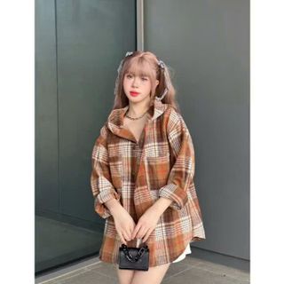 Áo Sơ Mi Dài Tay Flannel Dày Mịn Họa Tiết Kẻ Caro Có Mũ Form Nam Nữ Unisex
