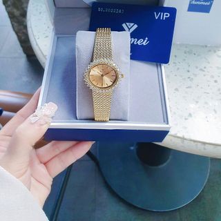 ĐỒNG HỒ NỮ CHÍNH HÃNG FUNMEI F2140 MẶT OVAN VIỀN HỘT DÂY LƯỚI THÉP FULLBOX TEM
