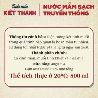 01 CHAI NƯỚC MẮM KIẾT THÀNH THƠM NGON NHỨT XỨ 500ML CỐT NHỈ 40 ĐỘ ĐAM NGUYÊN CHẤT - NƯỚC MẮM TĨN