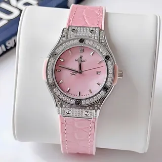 ĐỒNG HỒ NỮ CAO CẤP PIN NHẬT HUPLOT VIỀN FULL ĐÁ HỒNG PASTEL