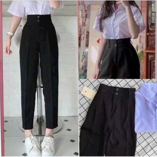 Quần tây nữ đi học 2 nút khuy cúc dọc cài lưng cao dáng quần baggy vải nữ học sinh cấp 3 dày co giãn nhẹ đi học làm công