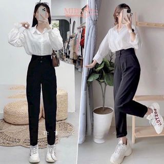 Quần tây nữ đi học 2 nút khuy cúc dọc cài lưng cao dáng quần baggy vải nữ học sinh cấp 3 dày co giãn nhẹ đi học làm công