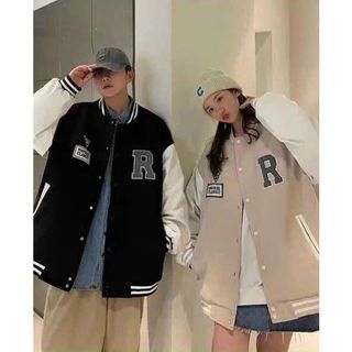 Áo Khoác Bomber Bóng Chày Thêu Chữ R Chất Da Lộn Lót Dù Form Rộng Basic Nam Nữ