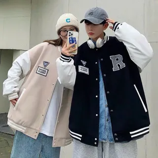 Áo Khoác Bomber Bóng Chày Thêu Chữ R Chất Da Lộn Lót Dù Form Rộng Basic Nam Nữ