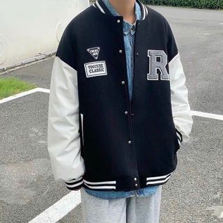Áo Khoác Bomber Bóng Chày Thêu Chữ R Chất Da Lộn Lót Dù Form Rộng Basic Nam Nữ