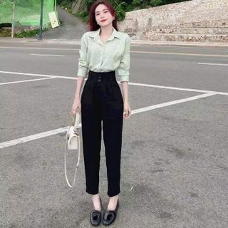 Quần tây nữ lưng cao đi học làm công sở 3 nút cài màu Đen Kem dáng quần baggy nữ cạp cao công sở vải dày mềm co giãn nhẹ