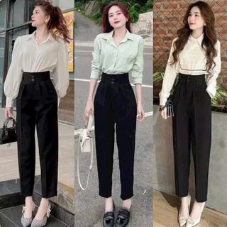 Quần tây nữ lưng cao đi học làm công sở 3 nút cài màu Đen Kem dáng quần baggy nữ cạp cao công sở vải dày mềm co giãn nhẹ