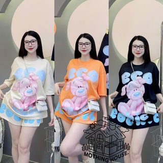 Đồ Bộ Nữ Tay Lỡ GẤU ECO  Chất Thun Cotton Form Rộng Dưới 65kg