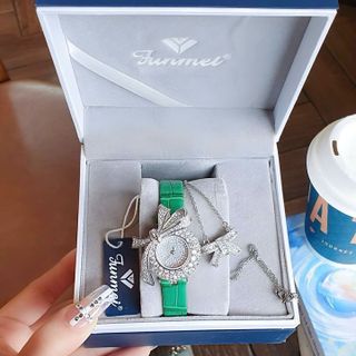 SET ĐỒNG HỒ NỮ CHÍNH HÃNG FUNMEI DÂY DA MẶT NƠ ĐÁ FULLBOX TEM HÃNG