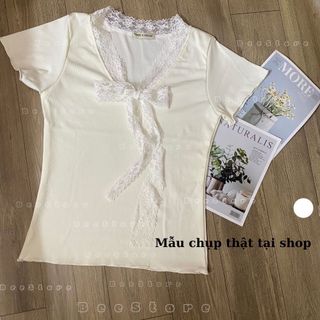 Áo thun tay ngắn cột dây nơ ren xinh xắn