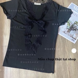 Áo thun tay ngắn cột dây nơ ren xinh xắn