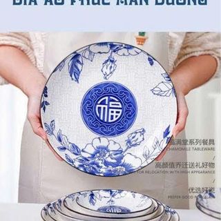 SET 10 ĐĨA SỨ HOA XANH CHỮ PHÚC SIZE 8