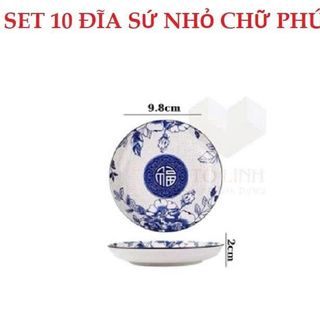 SET 10 ĐĨA SỨ MẮM HOA XANH CHỮ PHÚC