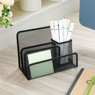 Khay Để Tài Liệu Đồ Dùng 3 Ngăn Kèm Ống Đựng Bút Kim Loại, Giá Để Thư Giấy Tờ 3 Ngăn Dạng Lưới Kèm Ống Bút, Văn Phòng Phẩm, Kệ Tài Liệu Đa Năng, Decor