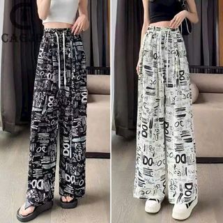 Quần suông lụa in hoạ tiết ống rộng cạp chun thời trang
