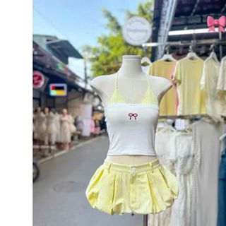 Set Đi Biển 3 Món Áo Quây + Bra Phối Quần Đùi Bí Xếp Li