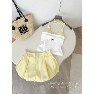 Set Bikini - Set Đi Biển 3 Món Áo Quây + Bra Phối Quần Đùi Bí Xếp Li Kẻ Sọc