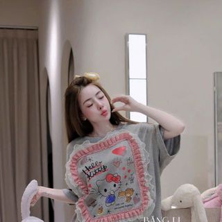 Bộ Áo Tay Lỡ Quần Đùi Kitty Viền Bèo Chất Tăm Mát Freesize Dưới 55kg
