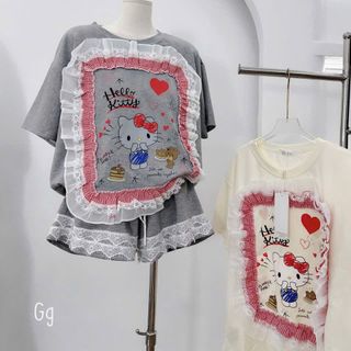 Bộ Áo Tay Lỡ Quần Đùi Kitty Viền Bèo Chất Tăm Mát Freesize Dưới 55kg