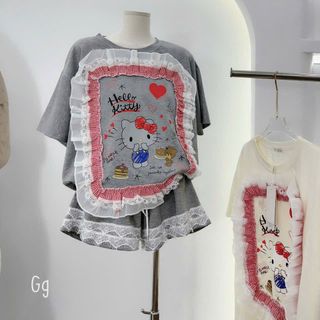 Bộ Áo Tay Lỡ Quần Đùi Kitty Viền Bèo Chất Tăm Mát Freesize Dưới 55kg