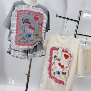 Bộ Áo Tay Lỡ Quần Đùi Kitty Viền Bèo Chất Tăm Mát Freesize Dưới 55kg