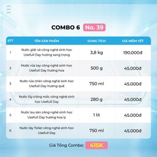 Combo 6 - No.39 Nước giặt xả hương sang trọng 3,8kg, nước rửa tay hương hoa, nước rửa chén hương quế, tẩy trắng tẩy mốc, nước lau sàn hương ly và tẩy toilet Usefull Day