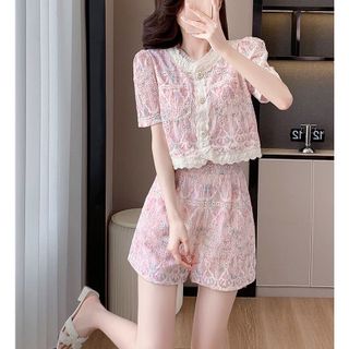 ( SẴN S-M) Bộ Áo Thêu Họa Tiết + Quần short Lưng Cao