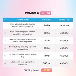 Combo 6 No01 Nước giặt xả hương huyền bí 3,8kg, nước rửa tay hương trái cây, nước rửa chén hương chanh, tẩy trắng tẩy mốc, tẩy bồn cầu và nước lau kính Usefull Day
