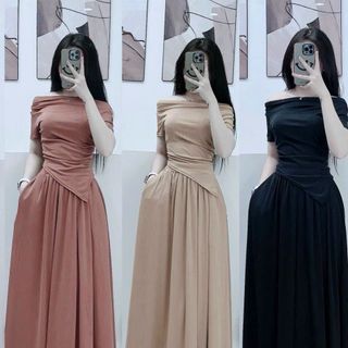 Sét Bộ 2 Món Sang Chảnh Vải Thun Gân Cotton Mềm Mát Áo Thiết Kế Bẹt Vai Kết Hợp Váy Xoè Dáng Đẹp