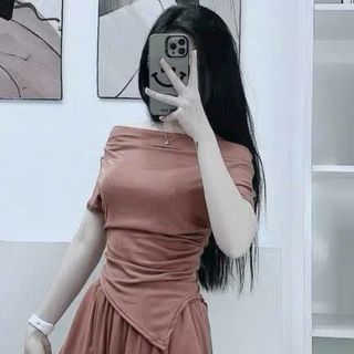 Áo Vải Thun Gân Thiết Kế Bẹt Vai Xinh Xắn