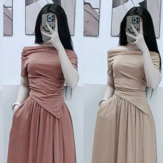 Sét Bộ 2 Món Sang Chảnh Vải Thun Gân Cotton Mềm Mát Áo Thiết Kế Bẹt Vai Kết Hợp Váy Xoè Dáng Đẹp