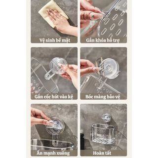Khay ráo nước nhà tắm có Móc Chân Không ,Giỏ đựng cốc có thể tháo rời đa chức năng, Giá đựng đồ vệ sinh trong suốt không cần khoan - Kệ đựng đồ nhà tắm không cần khoan giá sỉ