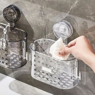 Khay ráo nước nhà tắm có Móc Chân Không ,Giỏ đựng cốc có thể tháo rời đa chức năng, Giá đựng đồ vệ sinh trong suốt không cần khoan - Kệ đựng đồ nhà tắm không cần khoan giá sỉ