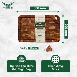 Thớt gỗ Teak Vibasic ghép dựng block, kích thước 300x200x25mm có lỗ treo