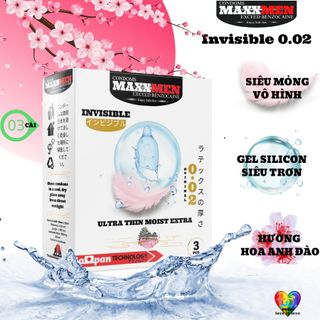 Bao cao su size 49mm Maxxmen Invisible 002, hộp 3 cái, công nghệ NHẬT BẢN cực siêu mỏng NHIỀU GEL, hương hoa anh đào cho LGBT, Gay