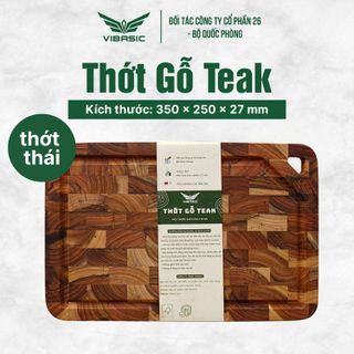 Thớt gỗ Teak Vibasic ghép dựng block kích thước 350x250x27mm có lỗ treo