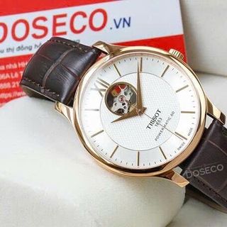 ĐỒNG HỒ NAM CƠ THUỴ SỸ TIXOT DÂY DA KÍNH SAPHIRE LỘ MÁY MẶT TRẮNG VIỀN ĐỒNG