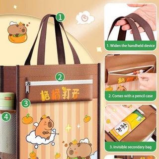 Túi Học Thêm CapyBara - Có Ngăn Bình Nước  Kích thước: 34cm*29cm*11cm  Màu sắc: nâu