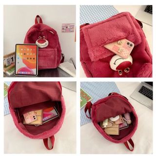 - Balo gấu dâu Lotso  - Chất liệu: Lông siêu mềm  - Kích thước: 41cm*31cm*12cm - Đối tượng sử dụng: Người lớn và trẻ nhỏ Balo lông hình dáng đáng yêu có 2 ngăn bên trong đựng được rất nhiều thứ