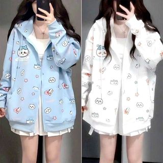 Áo Khoác Nữ Chất Dày Chống Nắng Màu Xanh Trời & Trắng Phong Cách Đáng Yêu Nỉ 3D Hoạt Hình Dễ Thương Full Zip