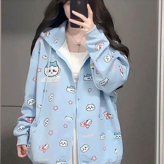 Áo Khoác Nữ Chất Dày Chống Nắng Màu Xanh Trời & Trắng Phong Cách Đáng Yêu Nỉ 3D Hoạt Hình Dễ Thương Full Zip