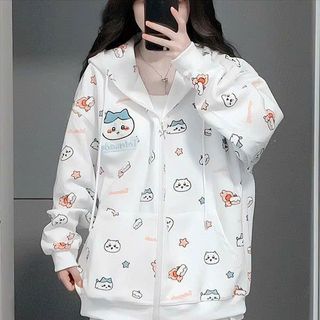 Áo Khoác Nữ Chất Dày Chống Nắng Màu Xanh Trời & Trắng Phong Cách Đáng Yêu Nỉ 3D Hoạt Hình Dễ Thương Full Zip