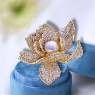 Ghim Trâm Cài Áo Hoa Sen Vàng Đính Đá zircon Thanh Lịch Sang Trọng Phong Cách Mới Cho Nam nữ (4.5cm)