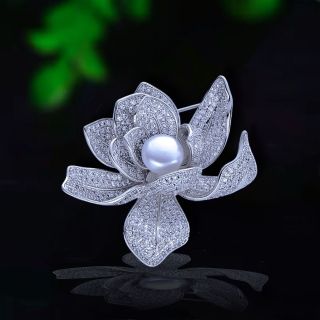 Ghim Trâm Cài Áo Hoa Sen Bạc Đính Đá zircon Thanh Lịch Sang Trọng Phong Cách Mới Cho Nam nữ (4.5cm)